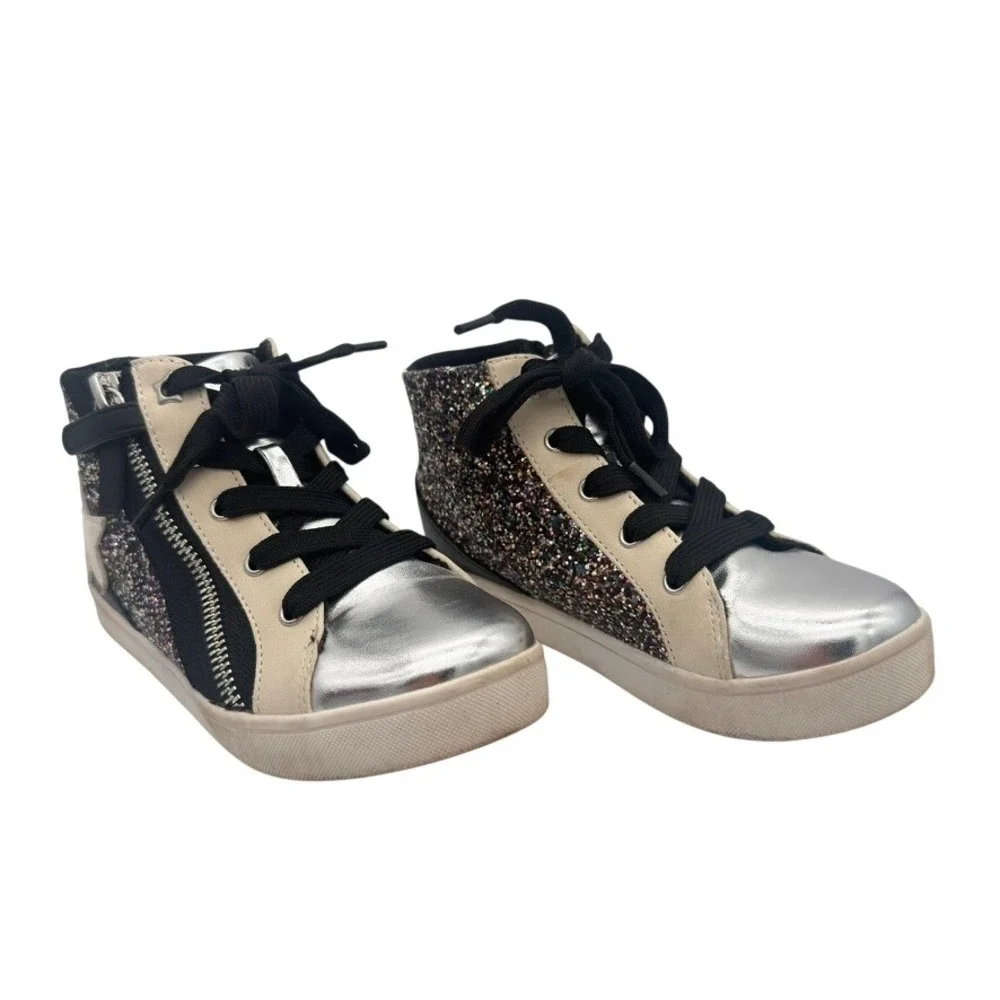 Nina Cass Girls Black Glitter Star High Top Sneakers Side Zip 11M